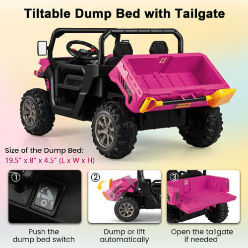 Kids Pink Dump Truck with Dump Bed and Shovel - 2-Seater Ride On Toy