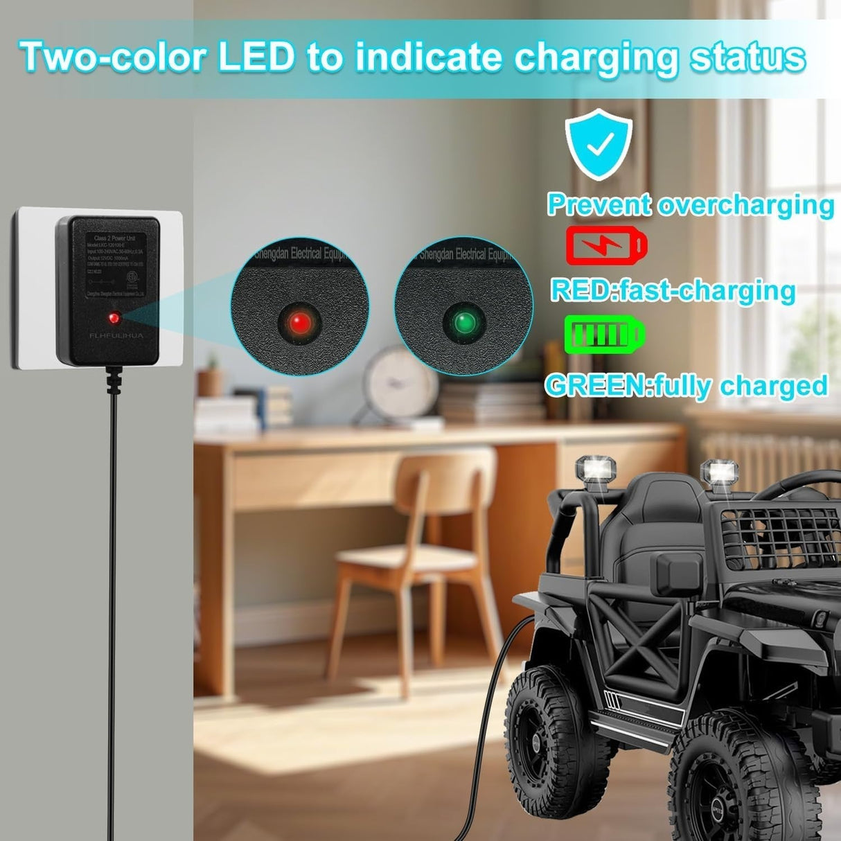 Safe and Reliable 12 Volt Charger for Ride-On Toys with 6ft Cable and LED Status Lights