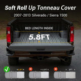 Trucktok 2007-2013 Chevy Silverado Sierra 5.8FT Soft Roll Up Tonneau Cover Bed TruckTok