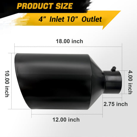Trucktok 4" Inlet 10" Outlet 18" Overall Length Bolt On Exhaust Tailpipe Tip Black TruckTok