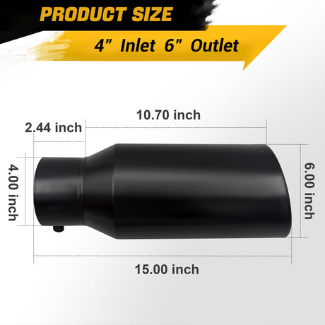 Trucktok 4" Inlet 6" Outlet 15" Overall Length Bolt On Exhaust Tailpipe Tip Black TruckTok
