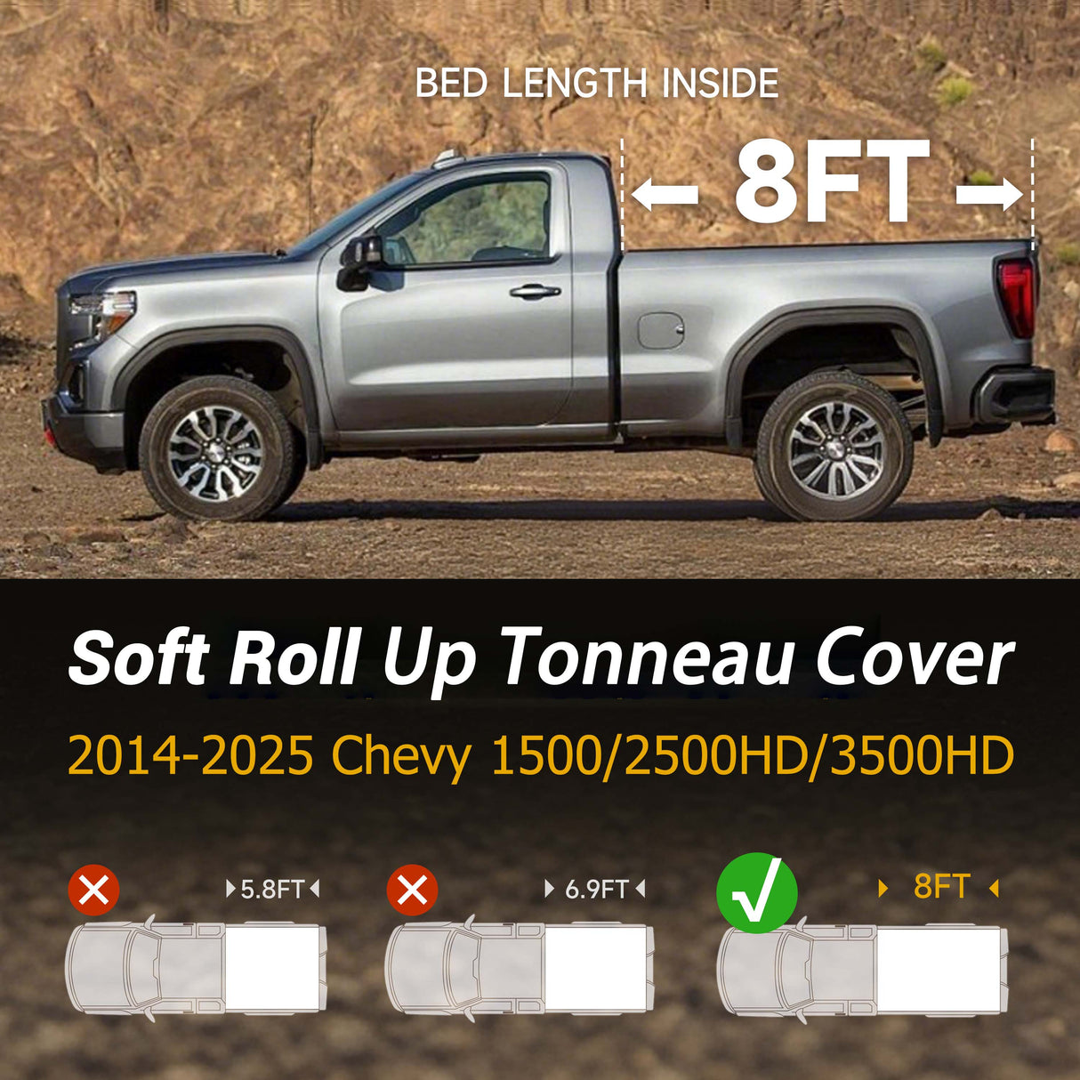 Trucktok 2014-2025 Chevy Silverado Sierra 8FT Soft Roll Up Tonneau Cover Bed TruckTok