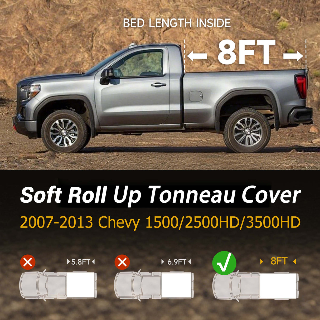 Trucktok 2007-2013 Chevy Silverado Sierra 8FT Soft Roll Up Tonneau Cover Bed TruckTok