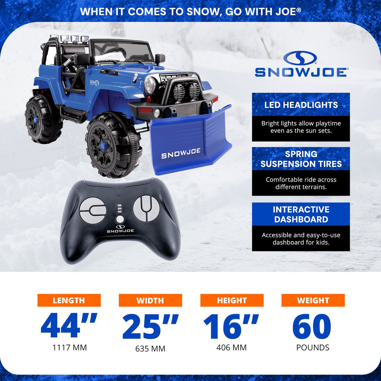 24V Ride-On Snow SUV Toy with Plow, Scoop, and Parental Remote Control
