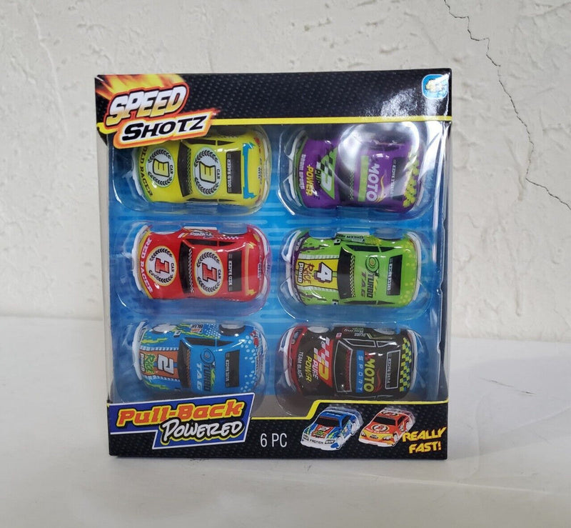 6-Piece Pull-Back Race Car Set in Black, Blue, Red, Green, Purple, and Yellow