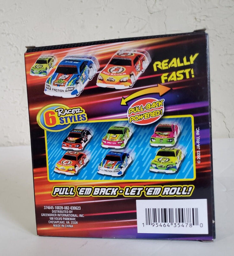 6-Piece Pull-Back Race Car Set in Black, Blue, Red, Green, Purple, and Yellow