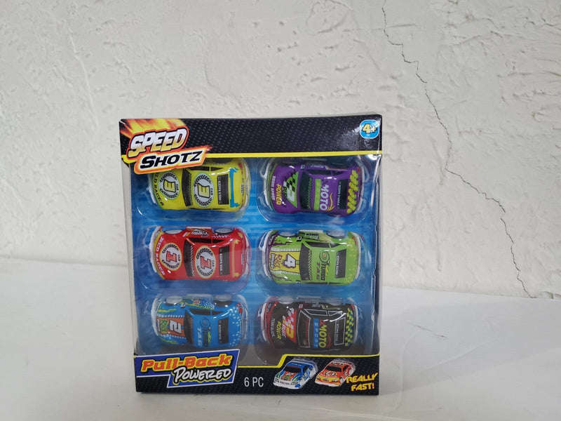 6-Piece Pull-Back Race Car Set in Black, Blue, Red, Green, Purple, and Yellow