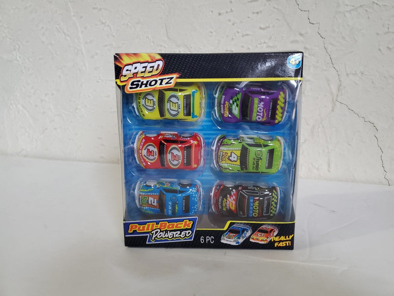 6-Piece Pull-Back Race Car Set in Black, Blue, Red, Green, Purple, and Yellow