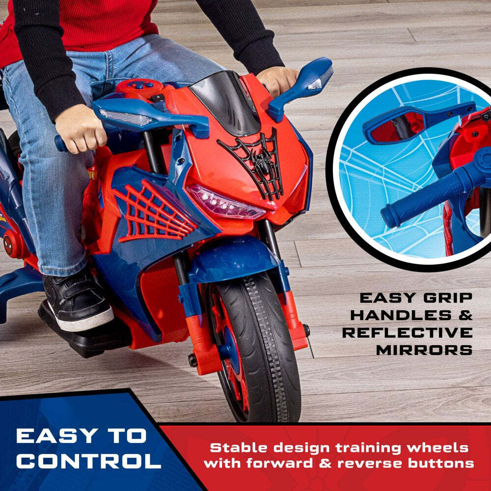 6V Spiderman Ride-On Motorcycle for Kids Ages 3+ with Rechargeable Battery