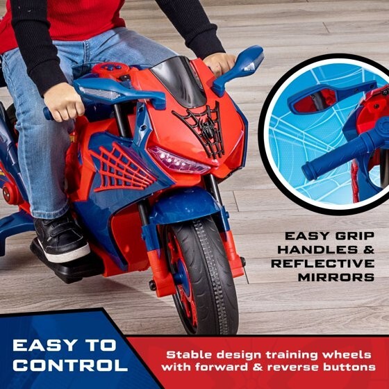 6V Spiderman Ride-On Motorcycle for Kids Ages 3+ with Rechargeable Battery and 65 lbs Weight Capacity