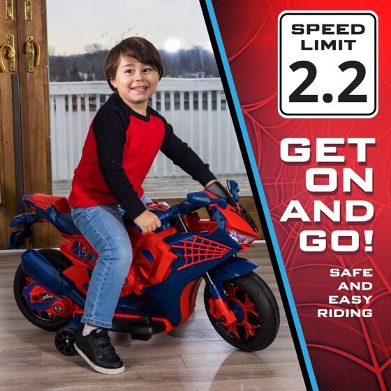 6V Spiderman Ride-On Motorcycle for Kids Ages 3+ with Rechargeable Battery and 65 lbs Weight Capacity
