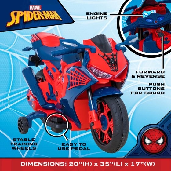 6V Spiderman Ride-On Motorcycle for Kids Ages 3+ with Rechargeable Battery and 65 lbs Weight Capacity