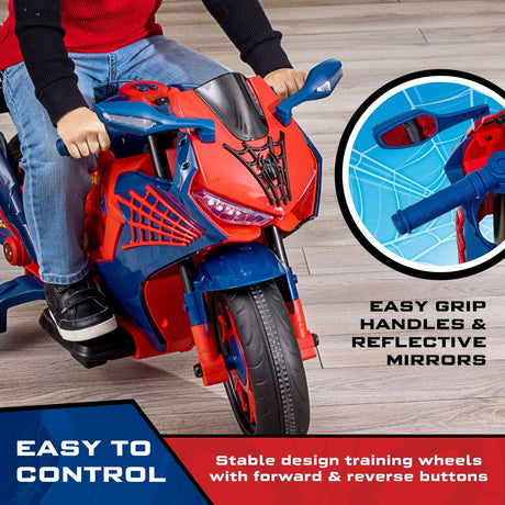 6V Spiderman Ride-On Motorcycle Toy for Kids Ages 3+ with Rechargeable Battery, Supports Up to 65 lbs