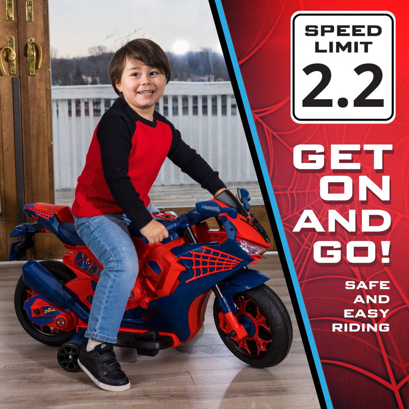 6V Spiderman Ride-On Motorcycle Toy for Kids Ages 3+ with Rechargeable Battery, Supports Up to 65 lbs