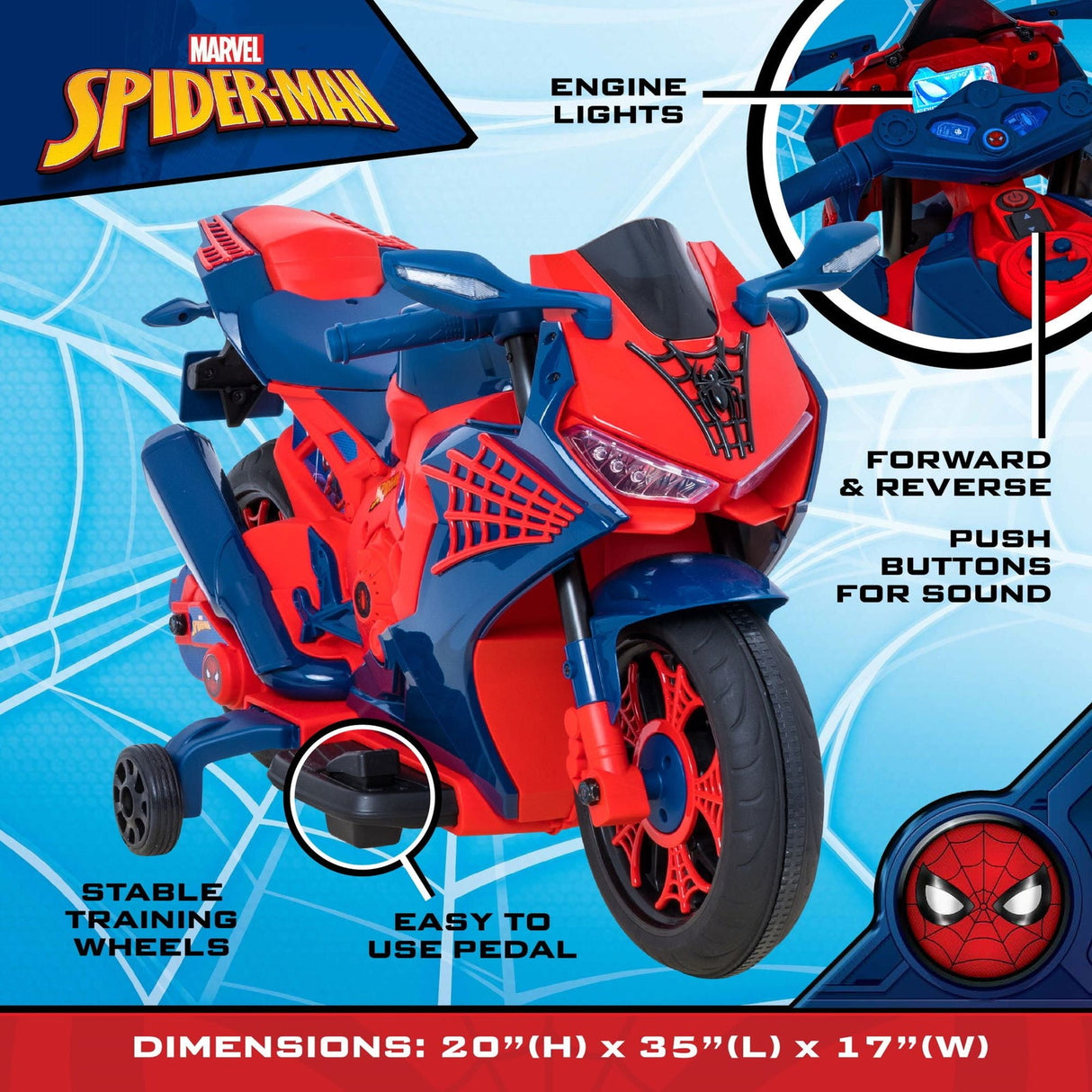 6V Spiderman Ride-On Motorcycle Toy for Kids Ages 3+ with Rechargeable Battery, Supports Up to 65 lbs