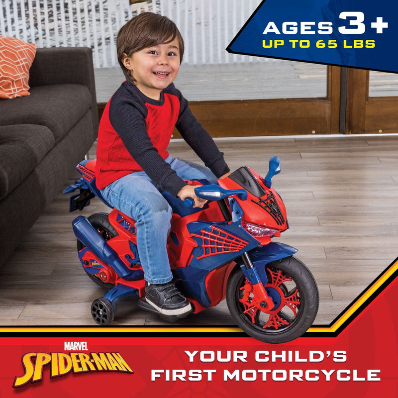 6V Rechargeable Spiderman Ride-On Motorcycle for Kids Ages 3+ Up to 65 lbs