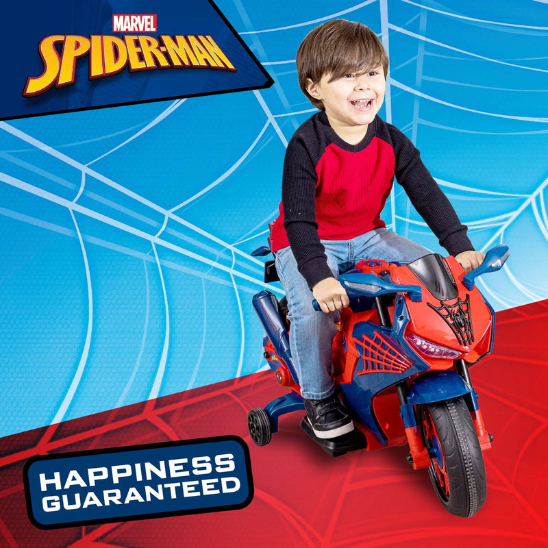 6V Rechargeable Spiderman Ride-On Motorcycle for Kids Ages 3+ Up to 65 lbs