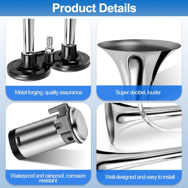 2-Pack 12V 150dB Loud Air Horn Kit for Trucks, Boats, and Cars with Air Compressor