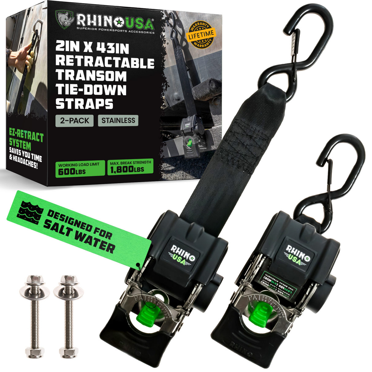 2" x 43" Retractable Transom Tie-Down Straps (2-Pack)