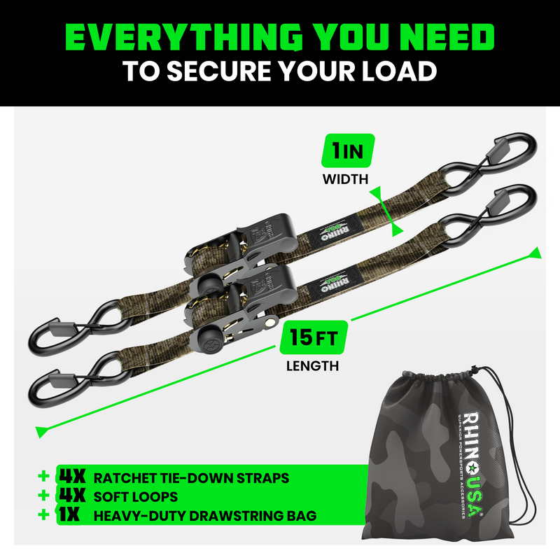 1" x 15' Ratchet Tie-Down Set (4-Pack)