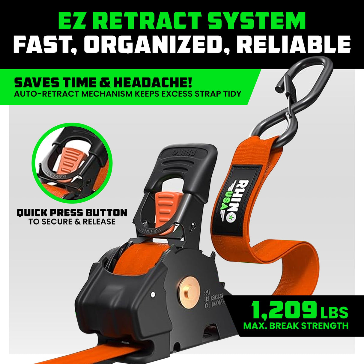 1" x 10' Retractable Ratchet Straps
