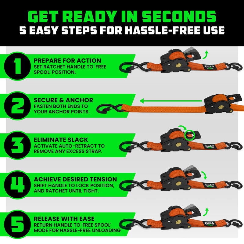 1" x 10' Retractable Ratchet Straps