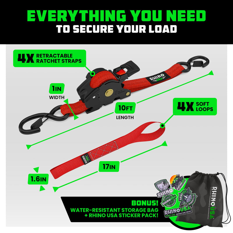 1" x 10' Retractable Ratchet Straps