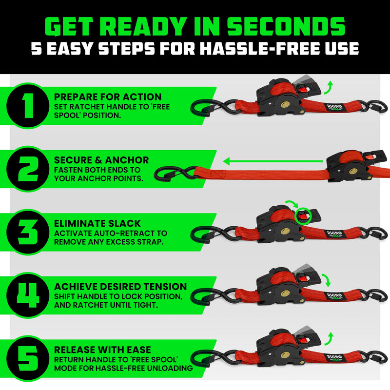 1" x 10' Retractable Ratchet Straps