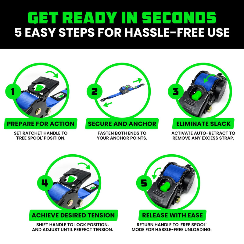 1" x 10' Retractable Ratchet Straps