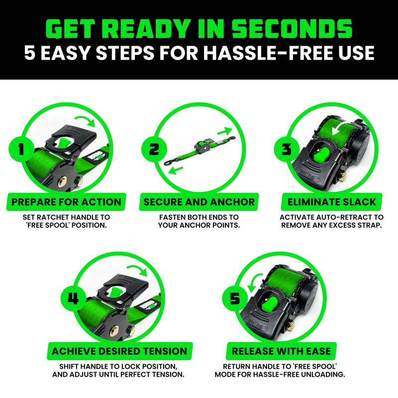 1" x 10' Retractable Ratchet Straps