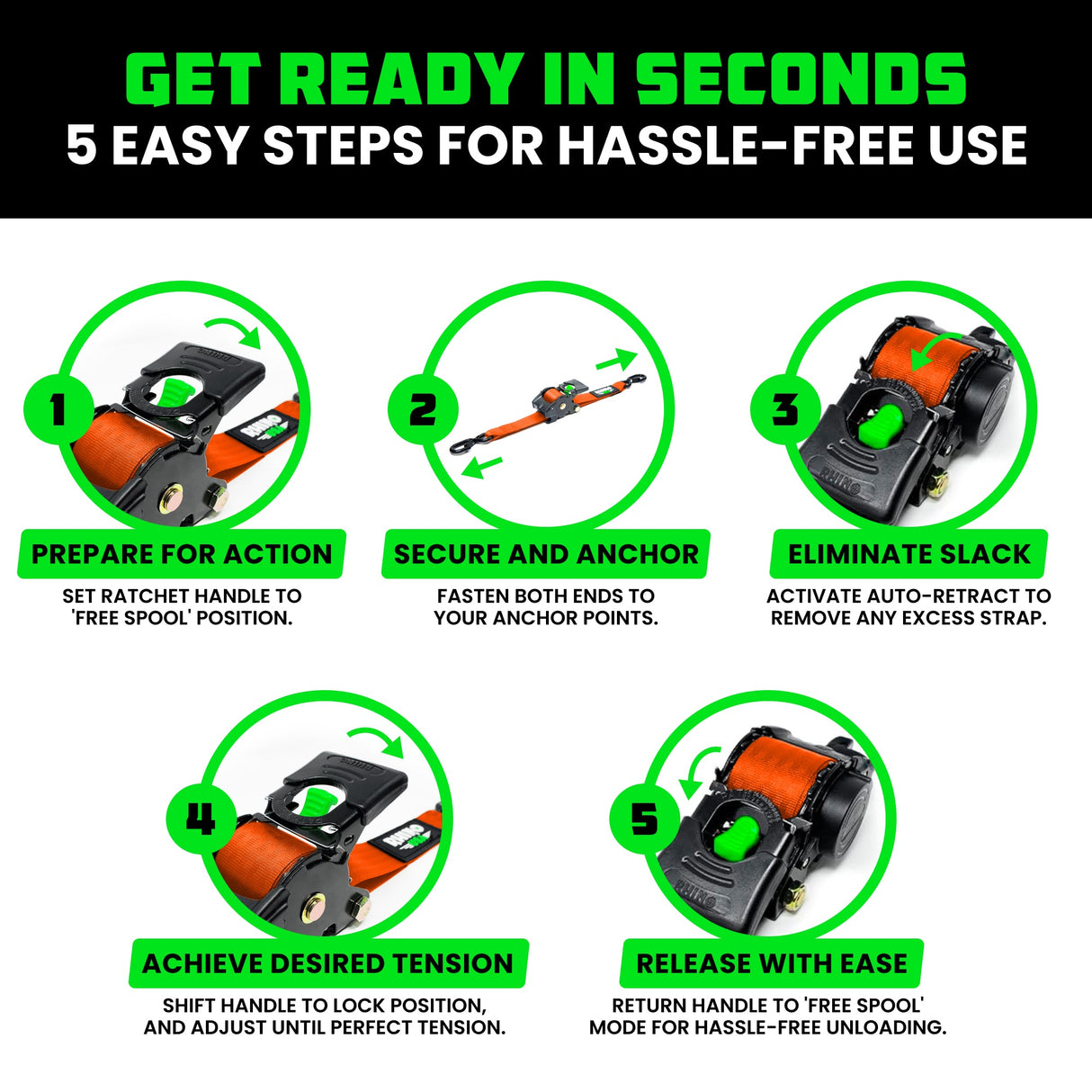 1" x 10' Retractable Ratchet Straps