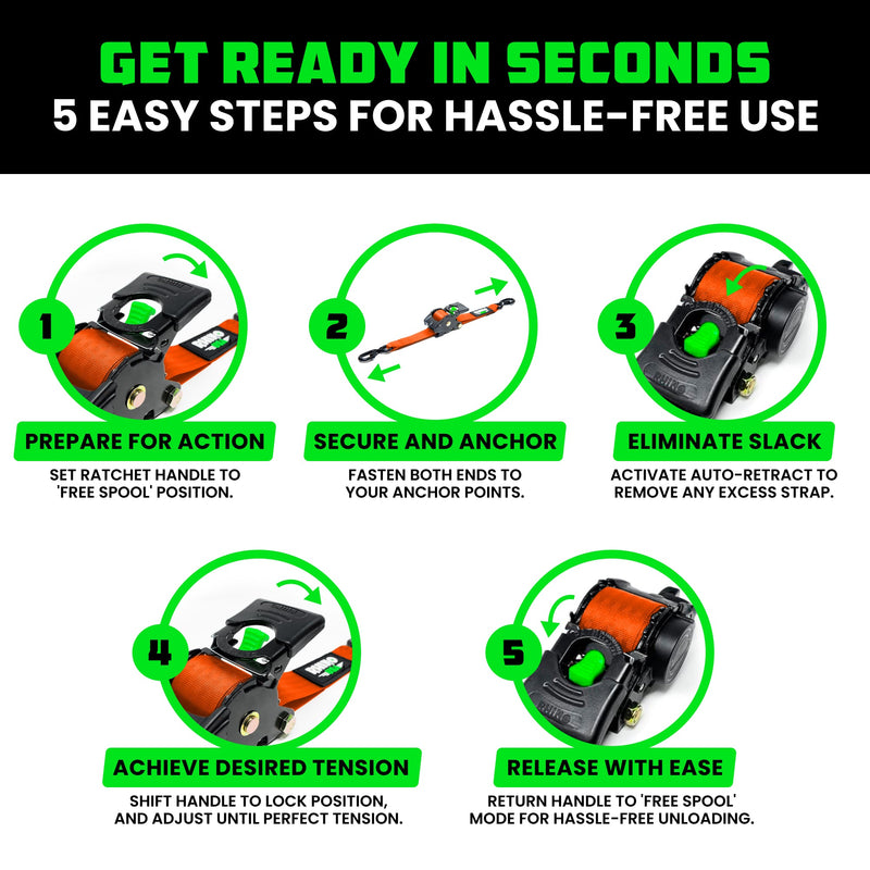 1" x 10' Retractable Ratchet Straps