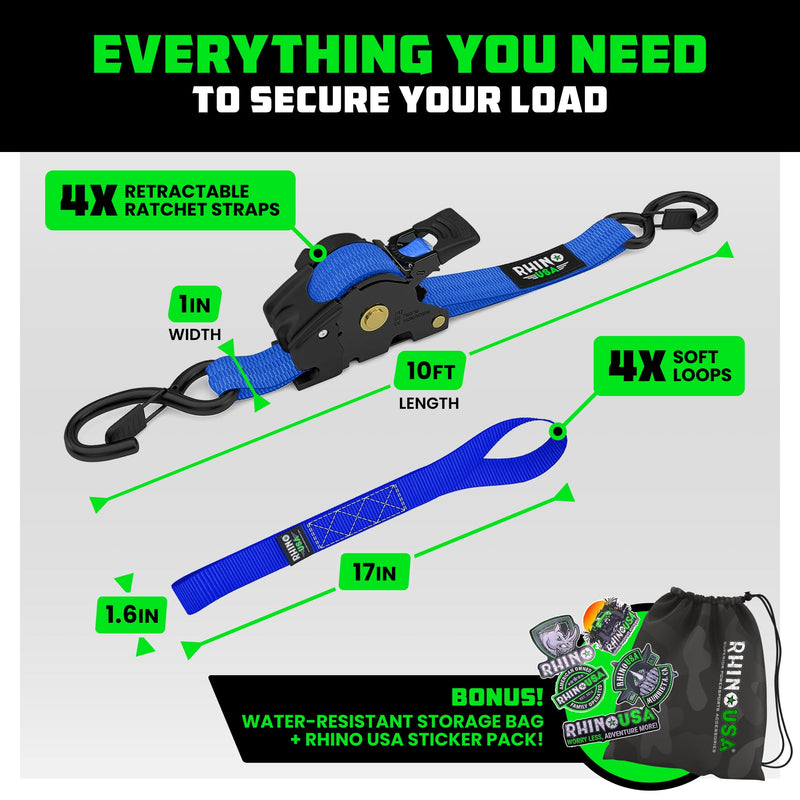1" x 10' Retractable Ratchet Straps