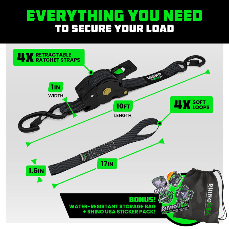 1" x 10' Retractable Ratchet Straps
