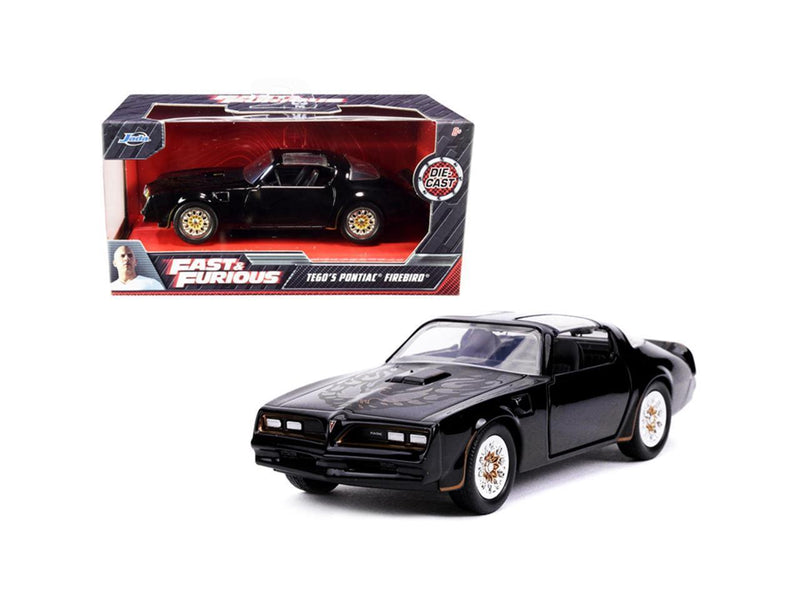 Black Pontiac Firebird Toy Car with Gold Stripes and Hood Bird Decal - Fast & Furious S Model