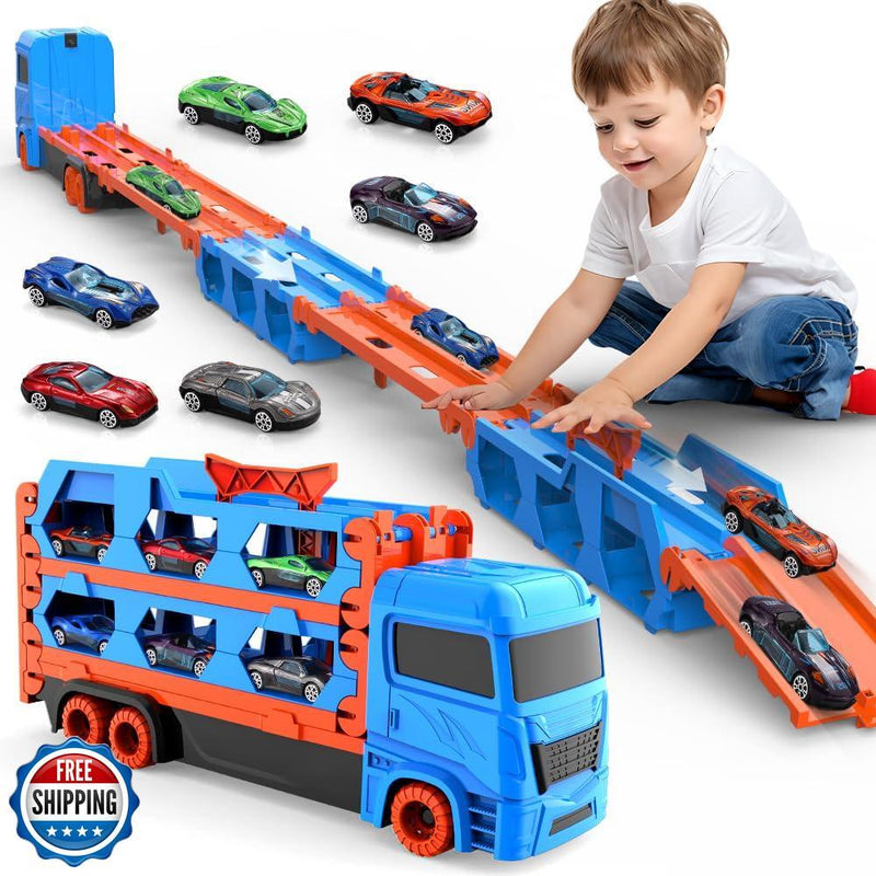 61-Inch Dual Race Track and Eject Car Transport Truck Toy for Kids