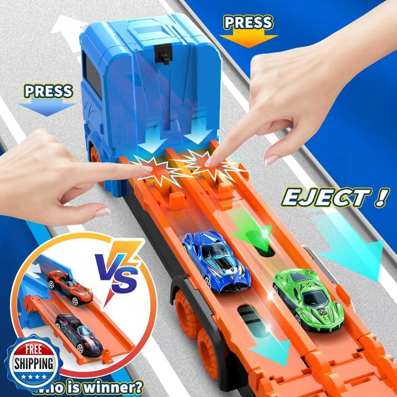 61-Inch Dual Race Track and Eject Car Transport Truck Toy for Kids