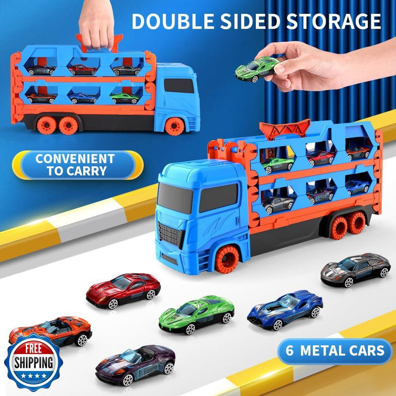 61-Inch Dual Race Track and Eject Car Transport Truck Toy for Kids