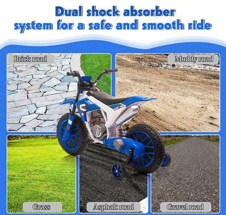Electric 12V Blue Kids Ride-On Motorcycle with Training Wheels