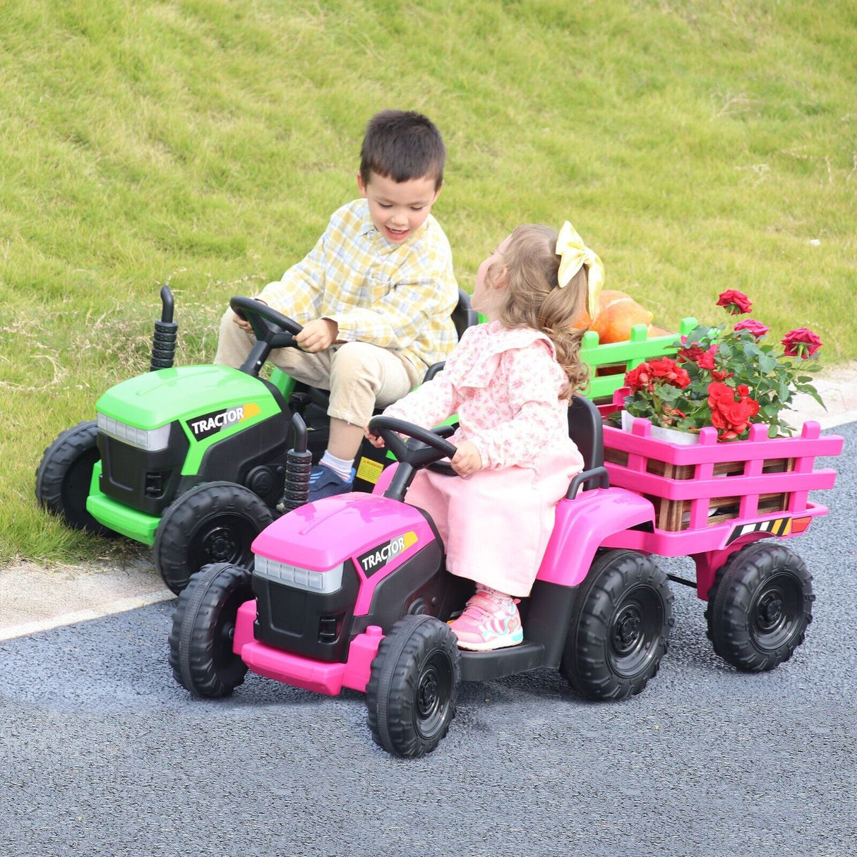 TOBBI 12V Battery-Powered Tractor Ride-On with Trailer for Kids - Electric Vehicle Fun!