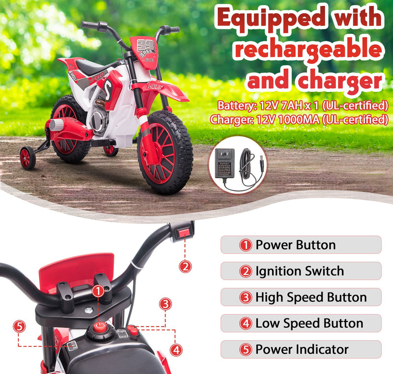 TOBBI 12V Electric Dirt Bike for Kids with Training Wheels - Realistic Motorbike Experience