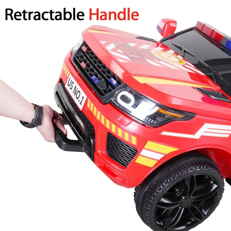 TOBBI 12V Electric Fire Truck Kids Ride-On Police Car with Megaphone, Remote Control, and Lights