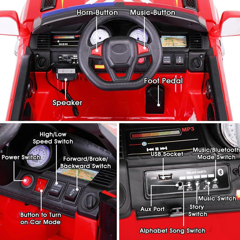 TOBBI 12V Electric Fire Truck Kids Ride-On Police Car with Megaphone, Remote Control, and Lights