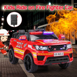 TOBBI 12V Electric Fire Truck Kids Ride-On Police Car with Megaphone, Remote Control, and Lights