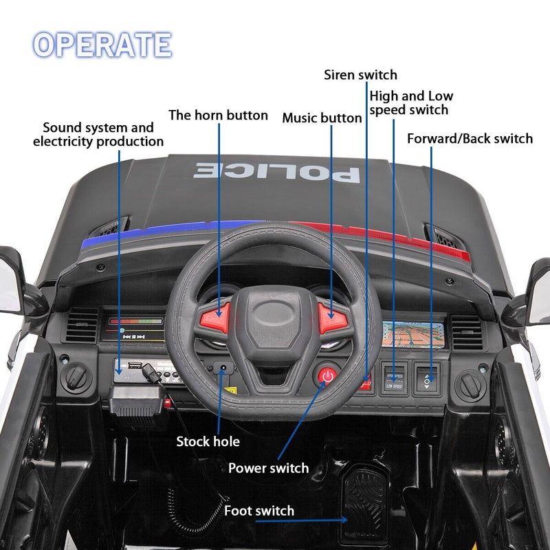 TOBBI 12V Electric Kids Police Car with Remote Control and Real Megaphone