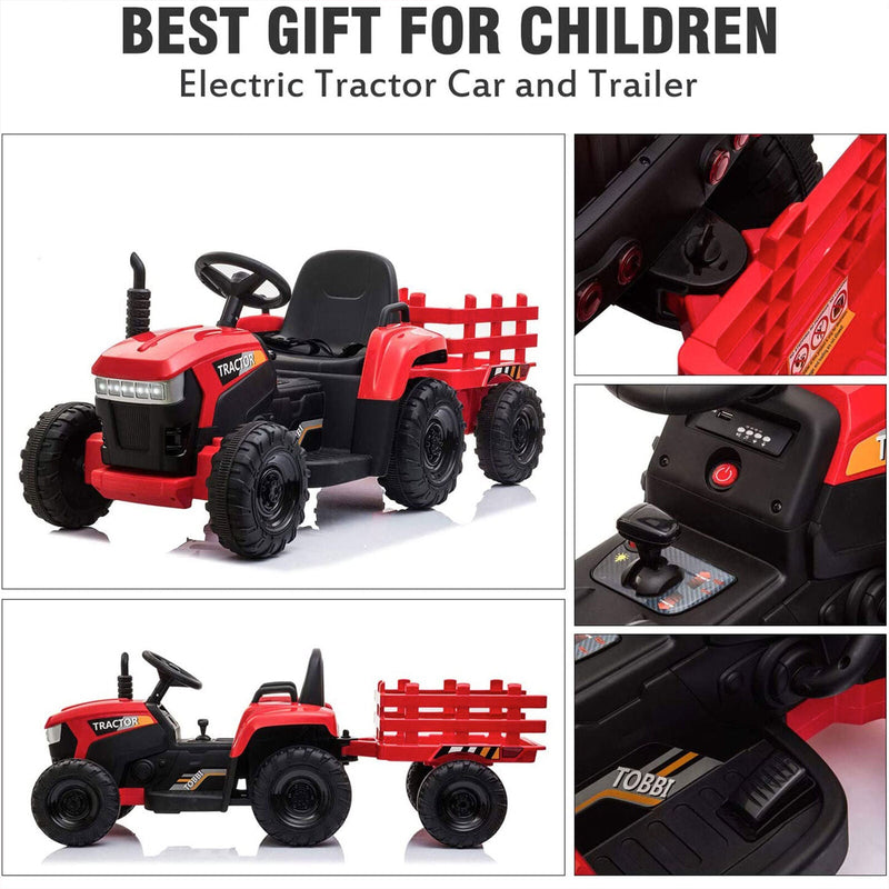 TOBBI 12V Kids Electric Ride On Toy Tractor with Trailer, Red