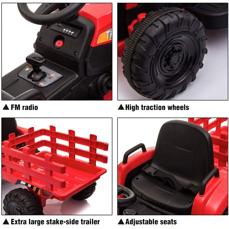 TOBBI 12V Kids Electric Ride On Toy Tractor with Trailer, Red