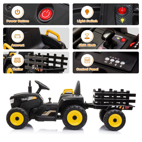 12V Electric Ride-On Kids Tractor with Battery Powered Toy Car and Trailer