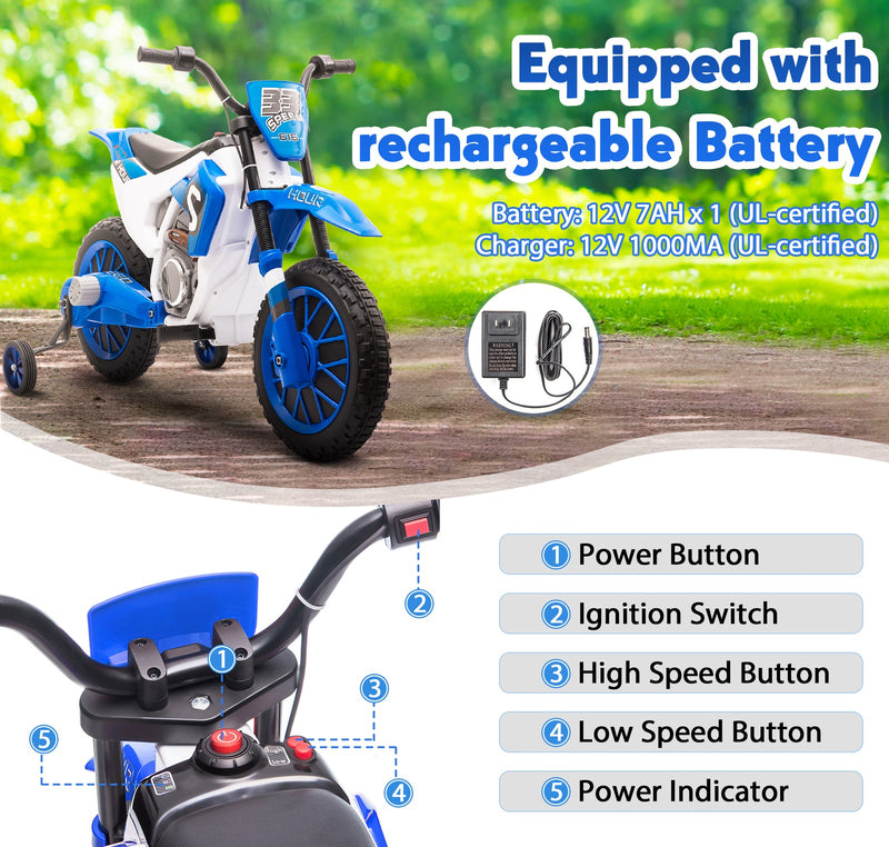 12V Kids Electric Ride-On Motorcycle with Training Wheels and 2 Speeds