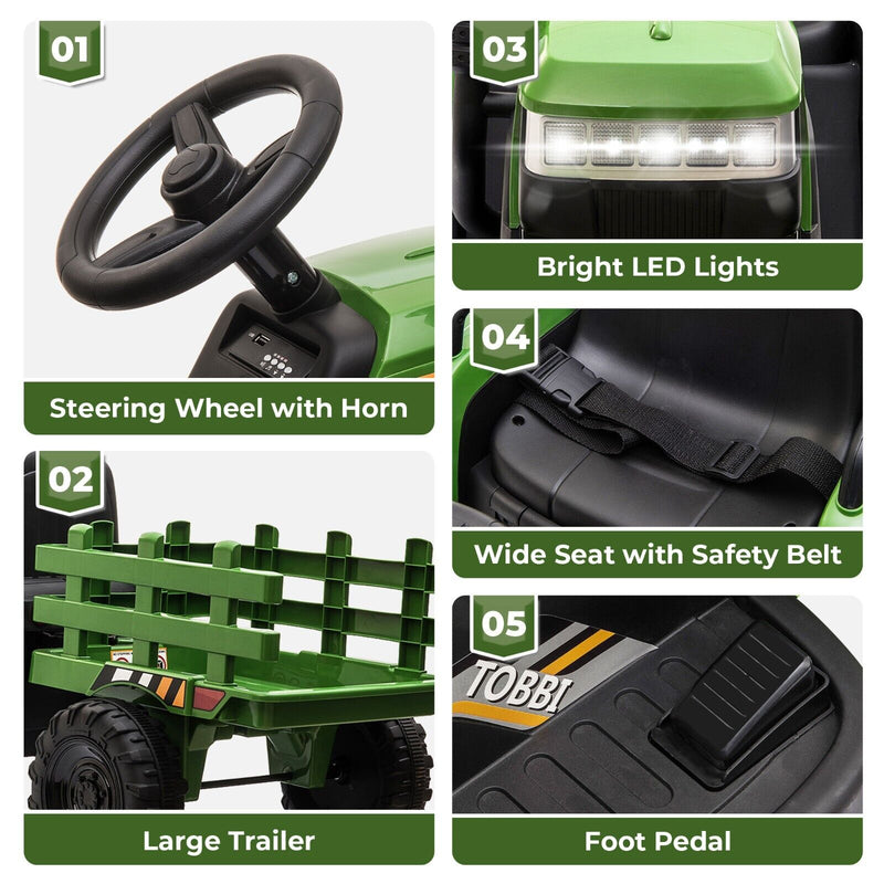 TOBBI 12V Kids Ride-On Tractor with Detachable Trailer - Electric Vehicle for Young Farmers